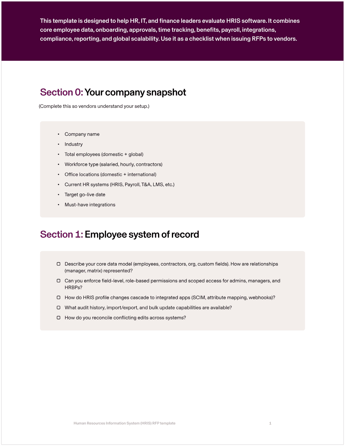 Preview of Rippling's HRIS RFP Template.