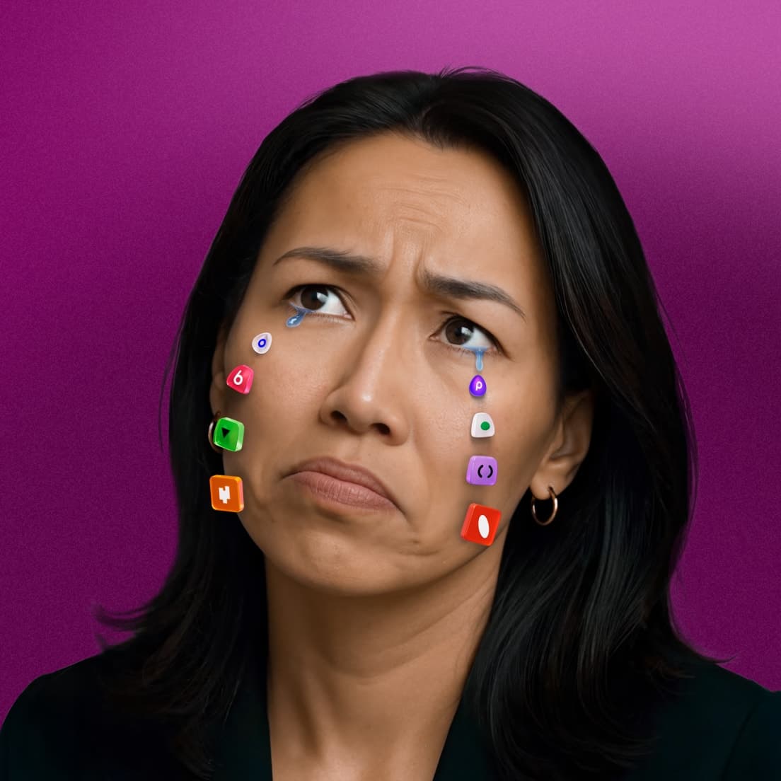 Sad person with colorful app icons falling like tears