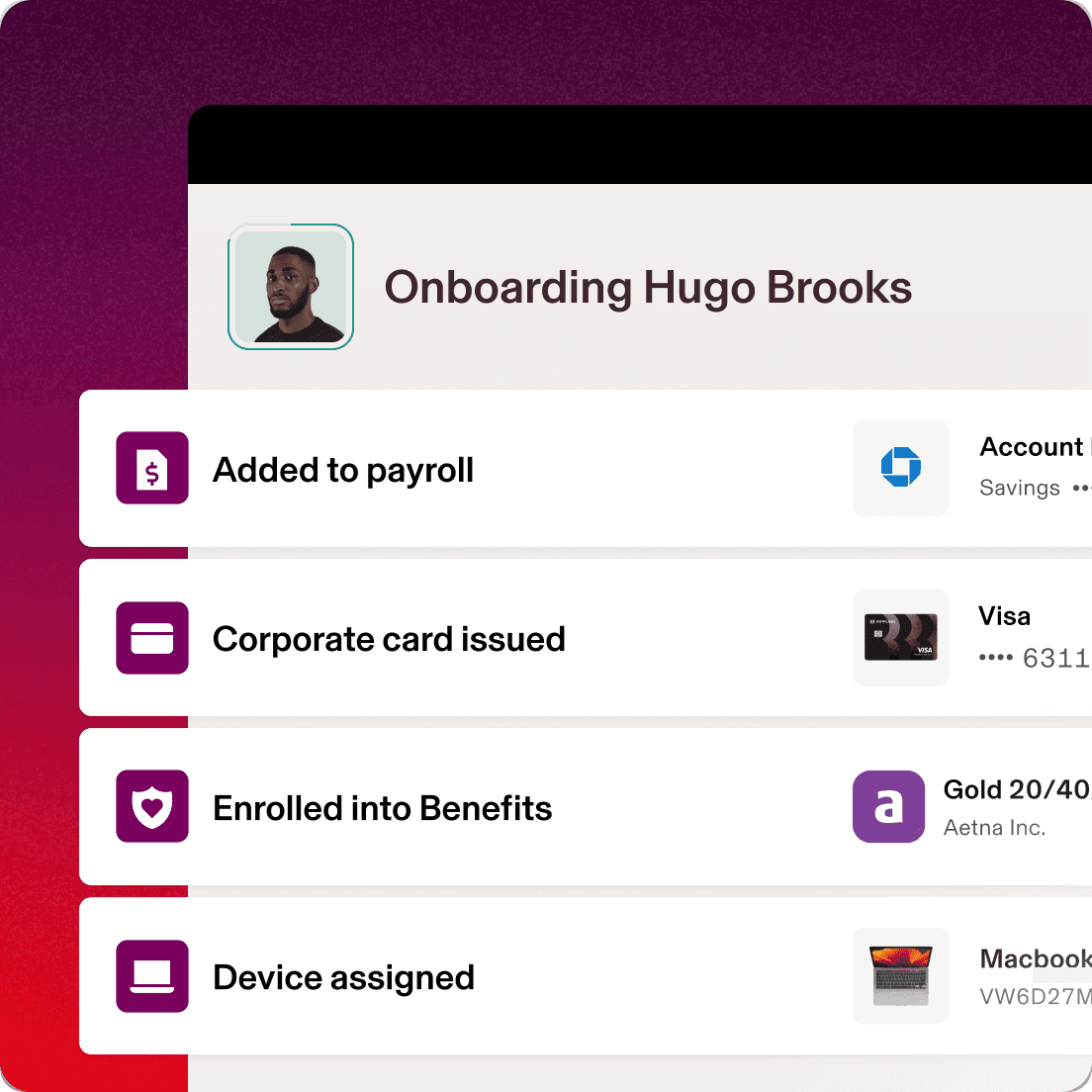 Screen in Rippling titled "Onboarding Hugo Brooks" with several steps including "Added to payroll," "Corporate card issued," "Enrolled into Benefits," and "Device assigned"