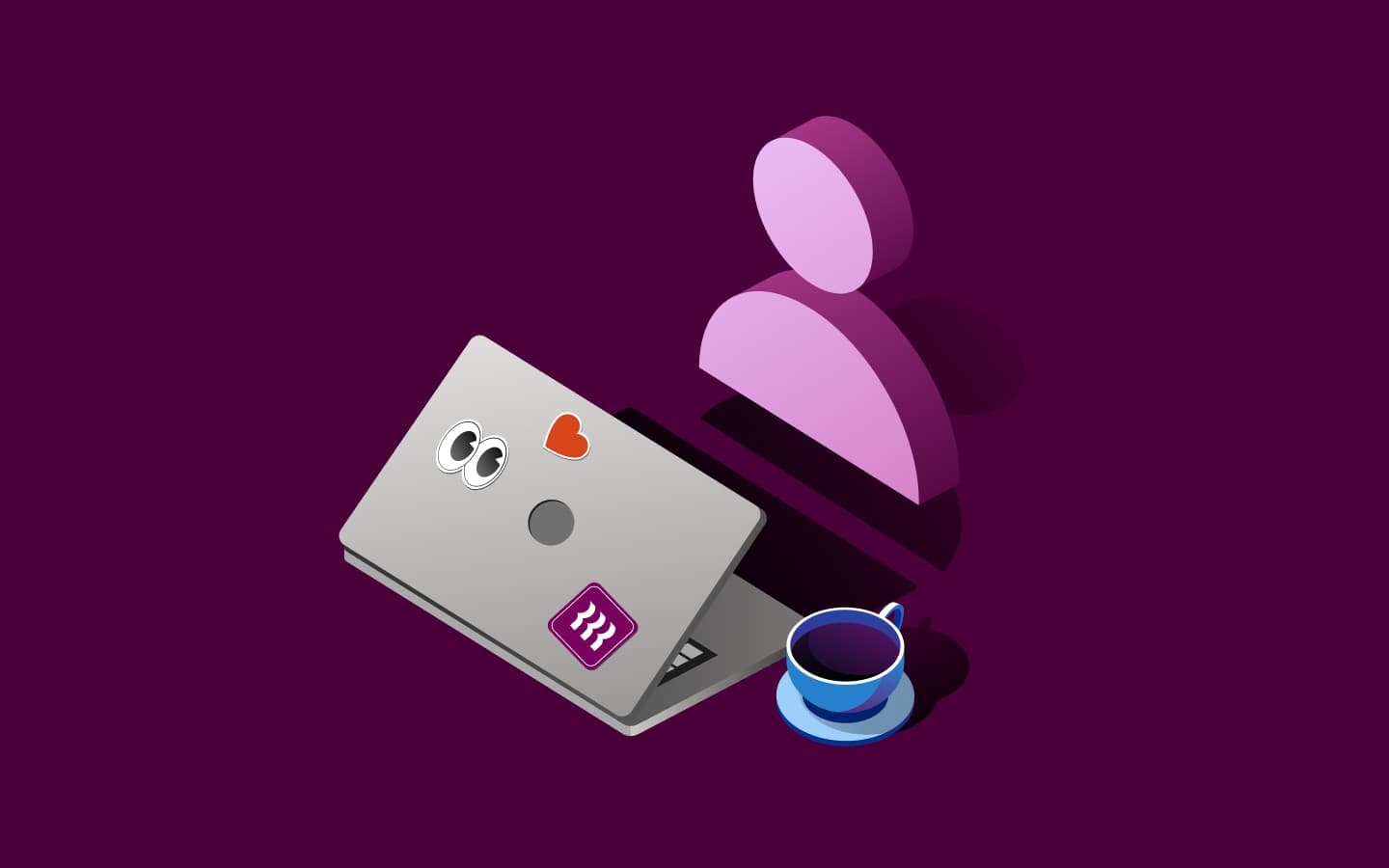 Purple person icon behind a sticker-covered laptop and blue cup on dark purple.
