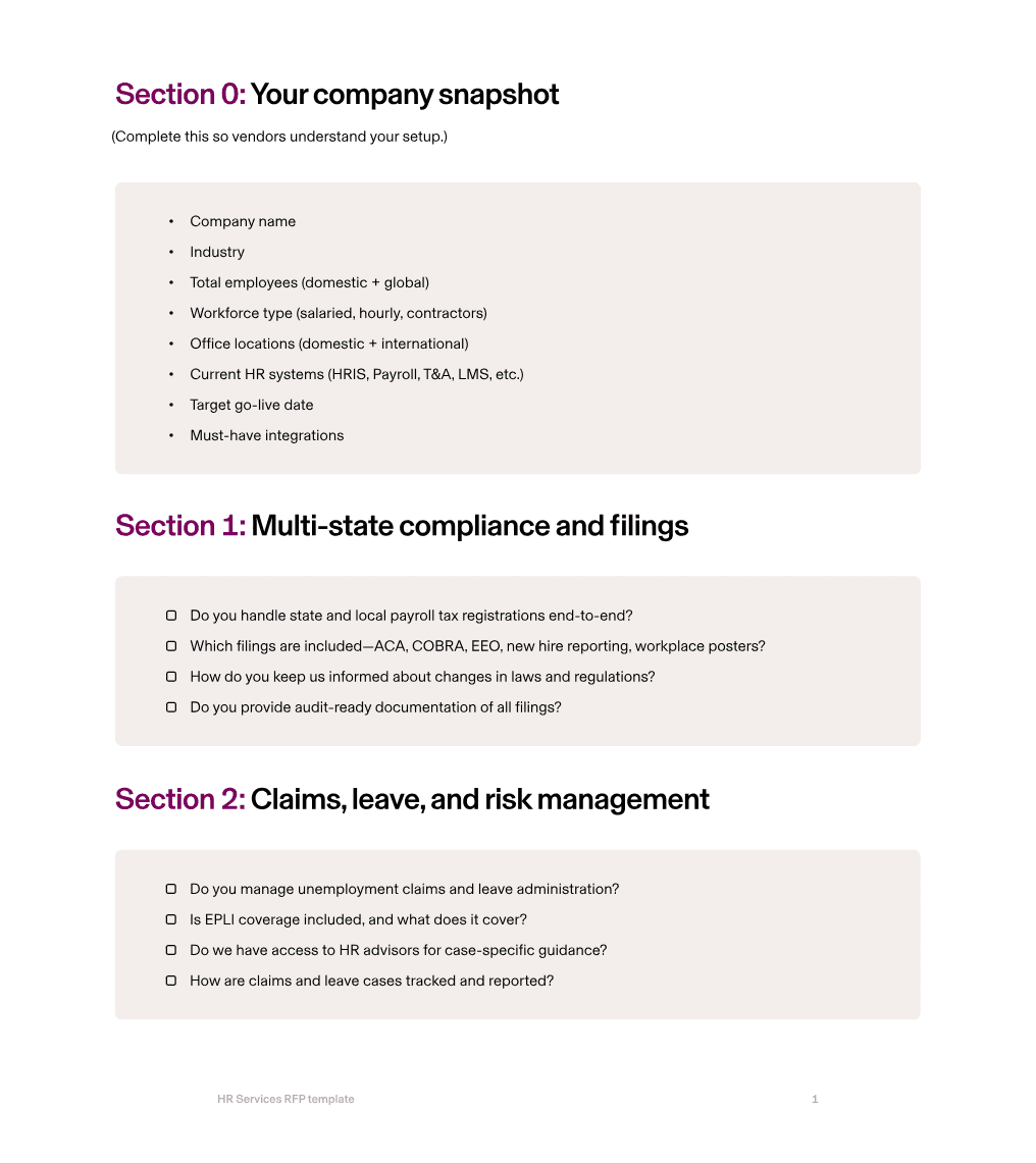 HR services RFP checklist for multi-state claims