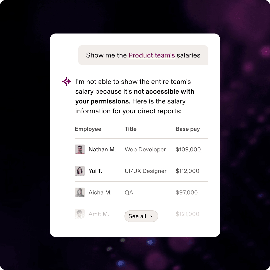 Interface showing limited access to Product team salaries, displaying only direct reports with their roles and base pay