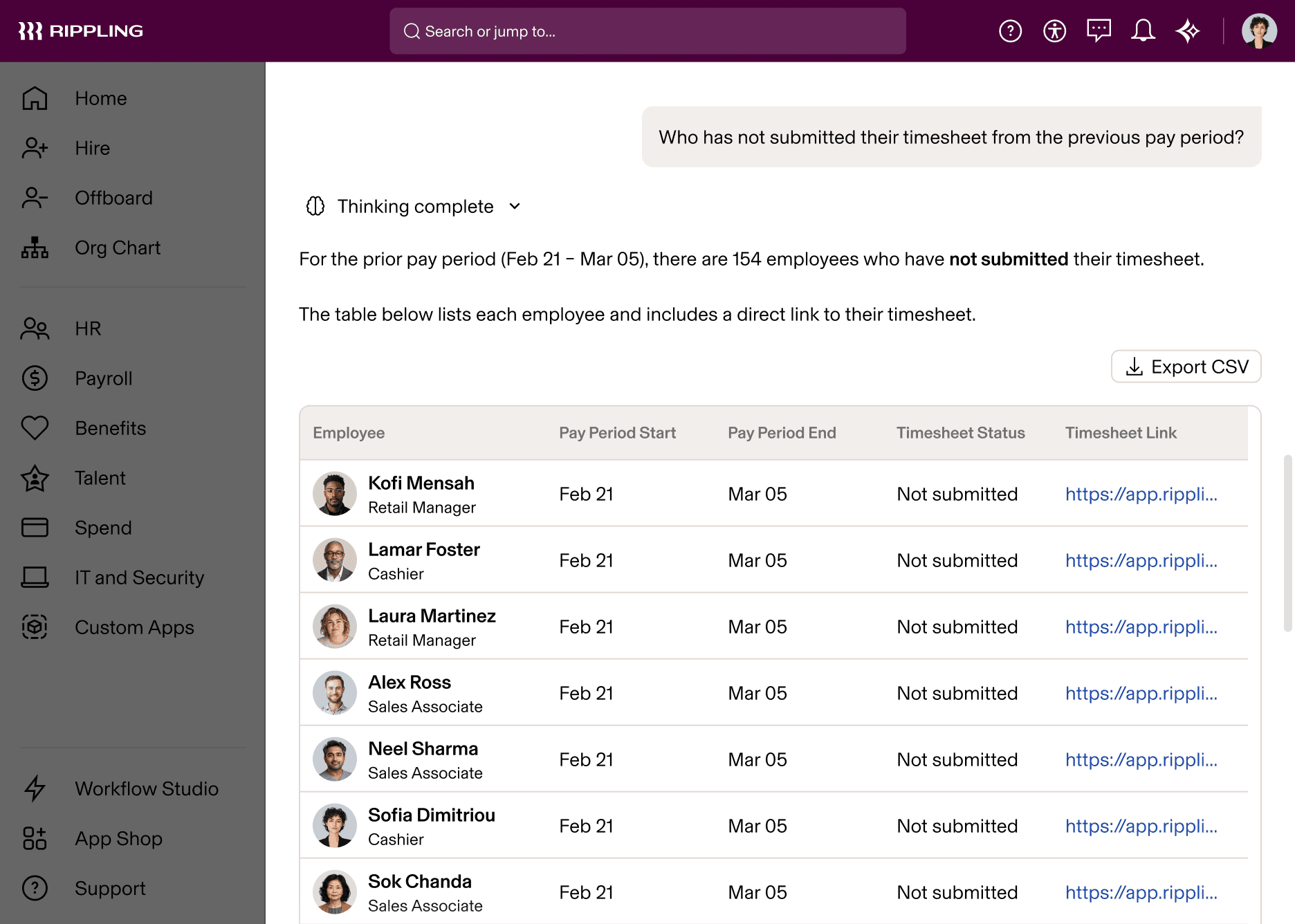 Rippling dashboard showing an AI query result listing employees who have not submitted timesheets for the Feb 21–Mar 05 pay period.