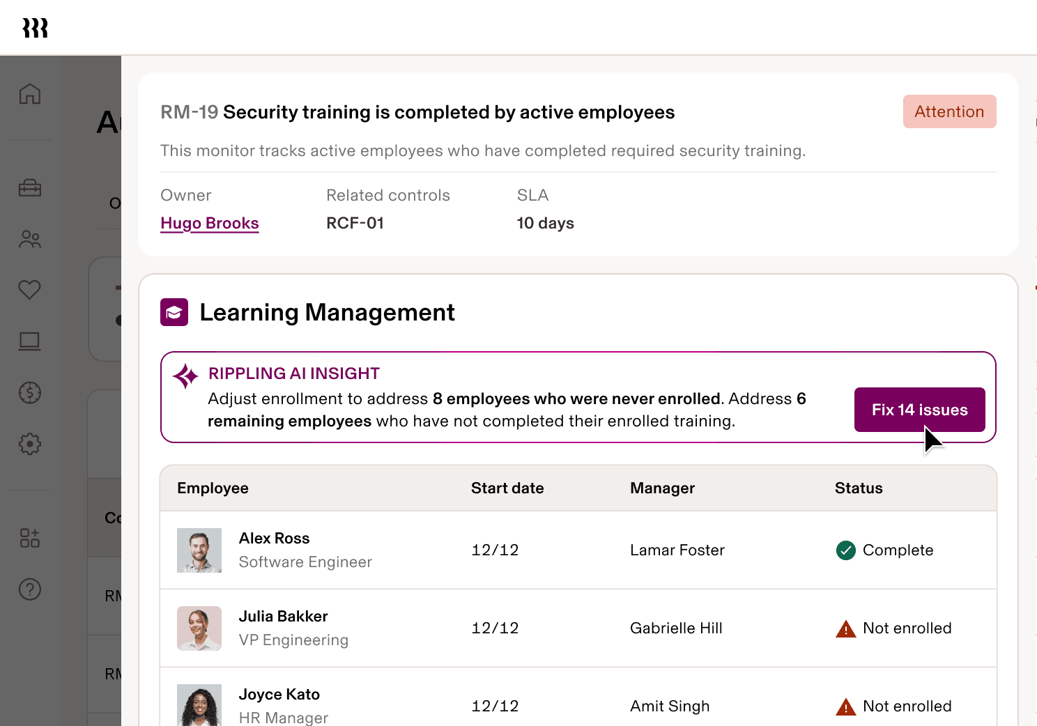 A Learning Management dashboard showing security training completion status for employees, with an AI insight recommending to fix 14 issues.