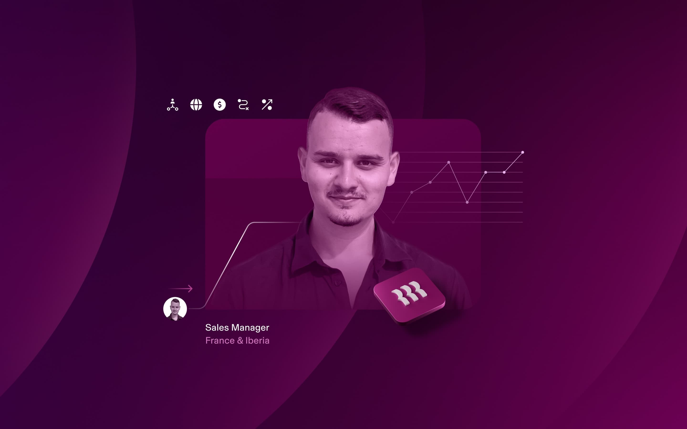 A young man labeled Sales Manager, France & Iberia, on a purple background with charts and business icons.