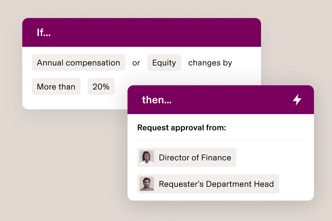 Workflow interface showing approval process for when annual compensation or equity changes by more than 20%, requiring approvals.