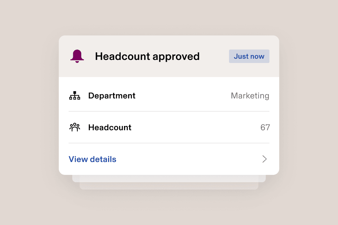 Notification card reading "Headcount approved" for Marketing, headcount 67.