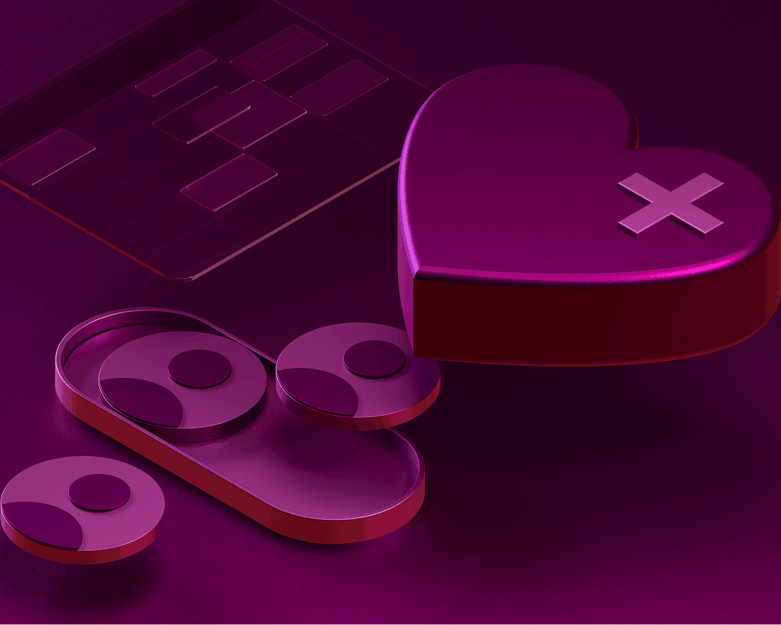 3D purple and pink heart icon with a plus sign, a stethoscope, and a calculator on a dark purple background.