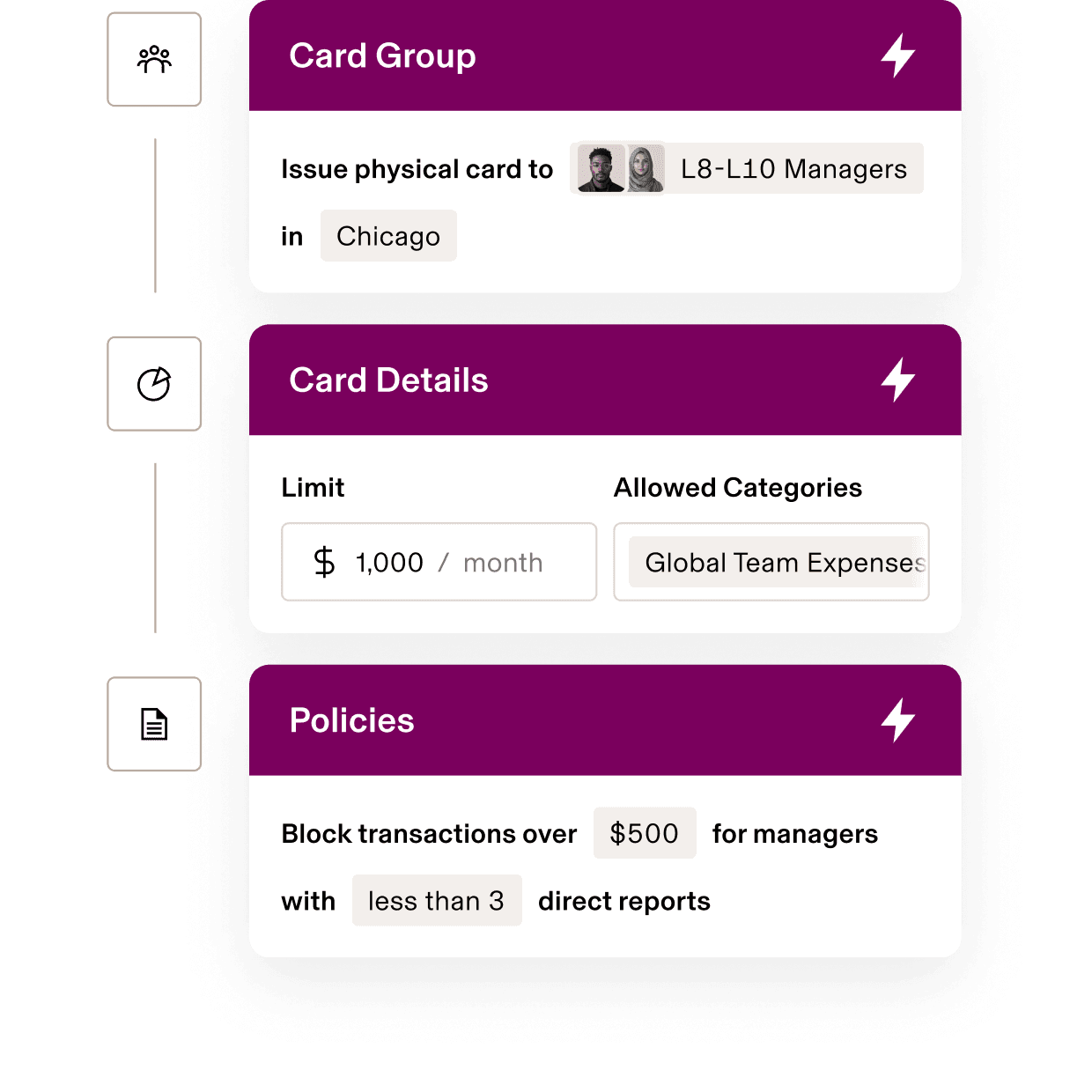Corporate card management interface showing settings for L8-L10 managers in Chicago with $1,000 monthly limit for team expenses.