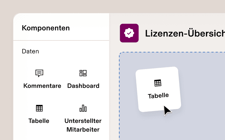Illustration der Drag-and-Drop-Oberfläche von App Studio in Rippling mit einem Mauszeiger, der eine Komponente zieht, um eine benutzerdefinierte App namens „Lizenz-Tracker“ zu erstellen