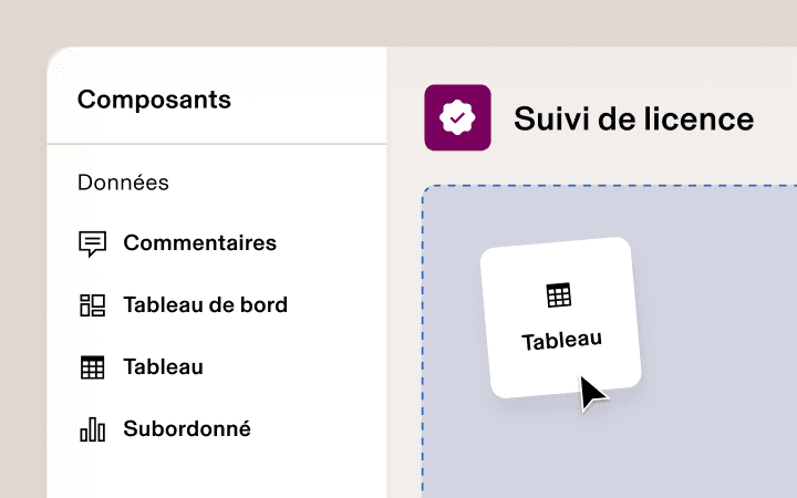 Illustration de l’interface glisser-déposer de Studio des applis dans Rippling présentant un curseur en train de glisser-déposer un composant pour créer une application personnalisée nommée « Outil de suivi des licences »