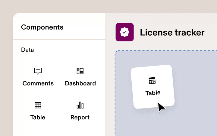 Illustration of the App Studio drag-and-drop interface in Rippling showing a cursor dragging a component to build a custom app labelled “Licence tracker”