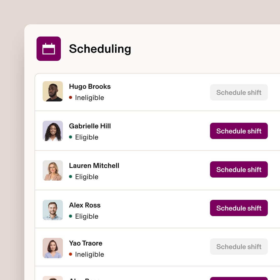 Scheduling screen with employee eligibility statuses and Schedule shift buttons.