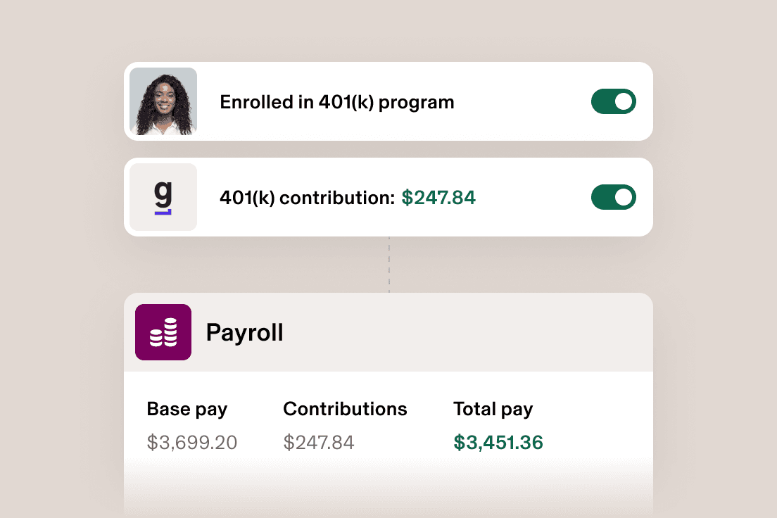 401(k) enrollment and contribution cards above a payroll summary.