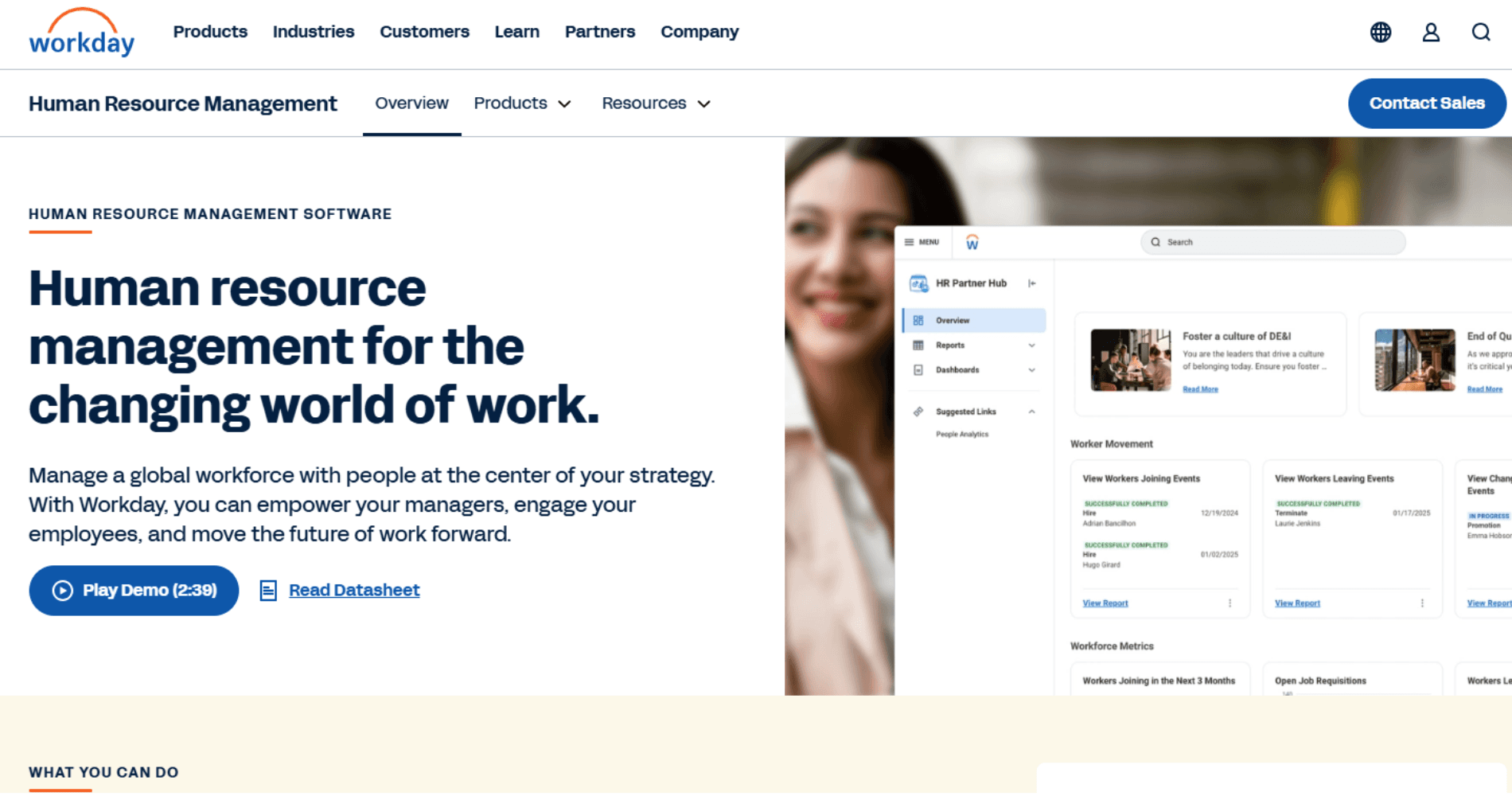Workday HR management page with a dashboard preview.