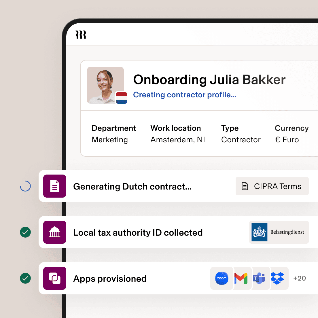 Onboarding screen for Julia Bakker showing Dutch contract, tax ID, and provisioned apps.