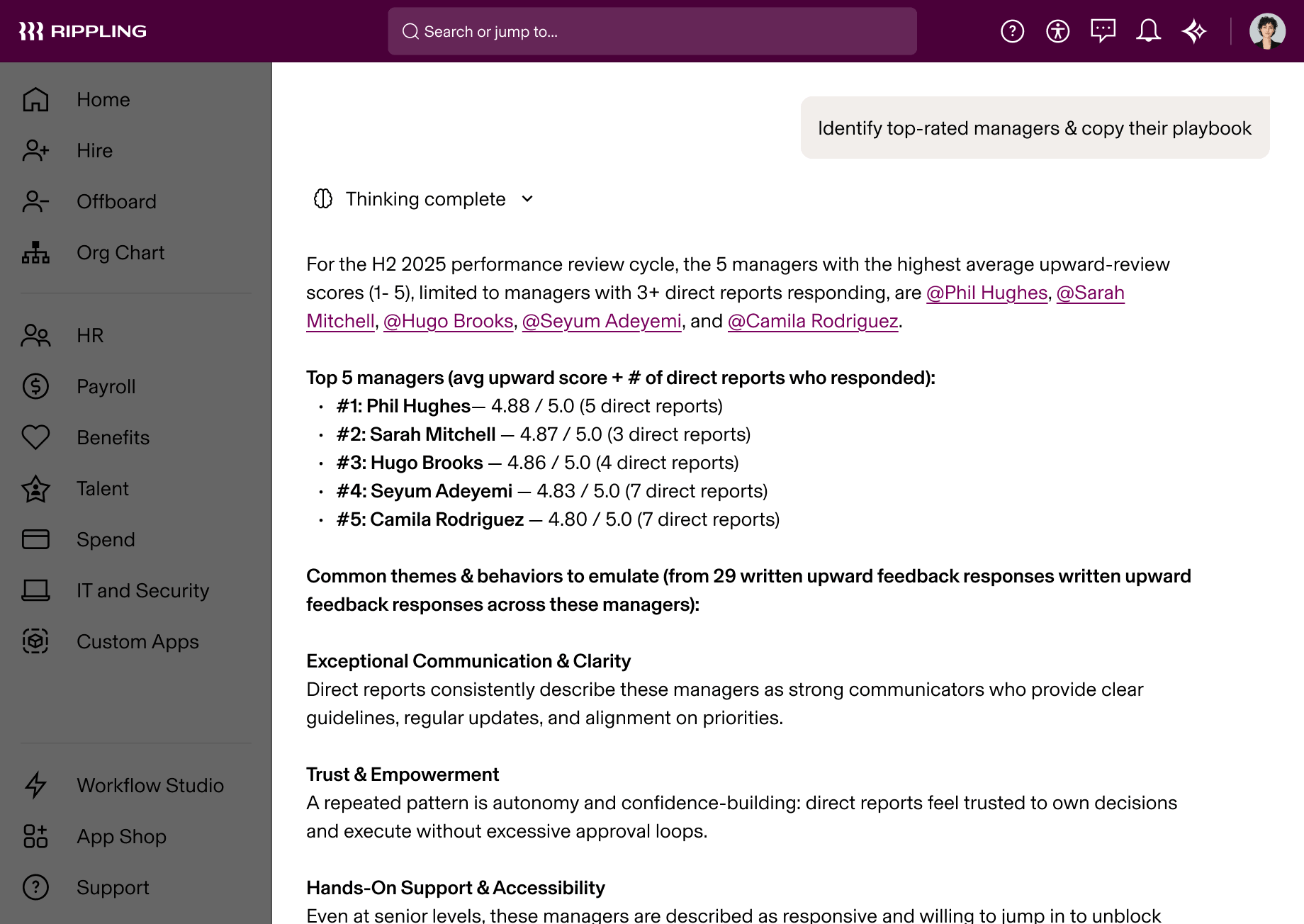Rippling platform showing an AI-generated report identifying top 5 managers by upward review scores with common leadership themes.