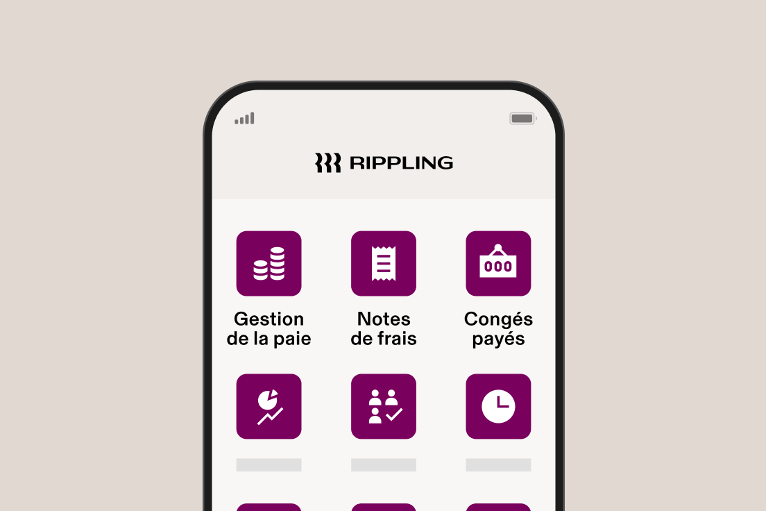 Smartphone sur lequel est affichée l’interface d’application RH de Rippling avec des icônes violettes pour la gestion de la paie, les dépenses, les congés payés et d’autres fonctions commerciales.
