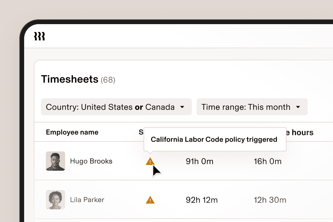 Timesheets dashboard showing employee hours with a California Labor Code policy warning tooltip triggered for Hugo Brooks.