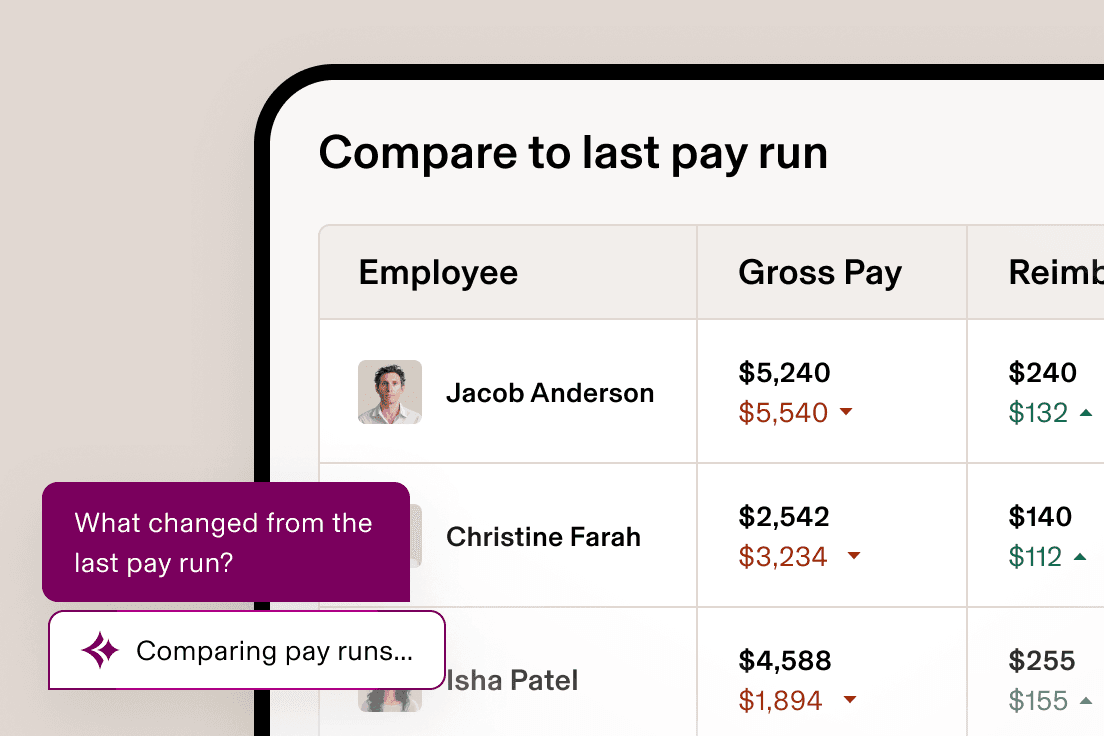 A payroll dashboard comparing employee gross pay across pay runs, with an AI prompt bubble asking what changed.
