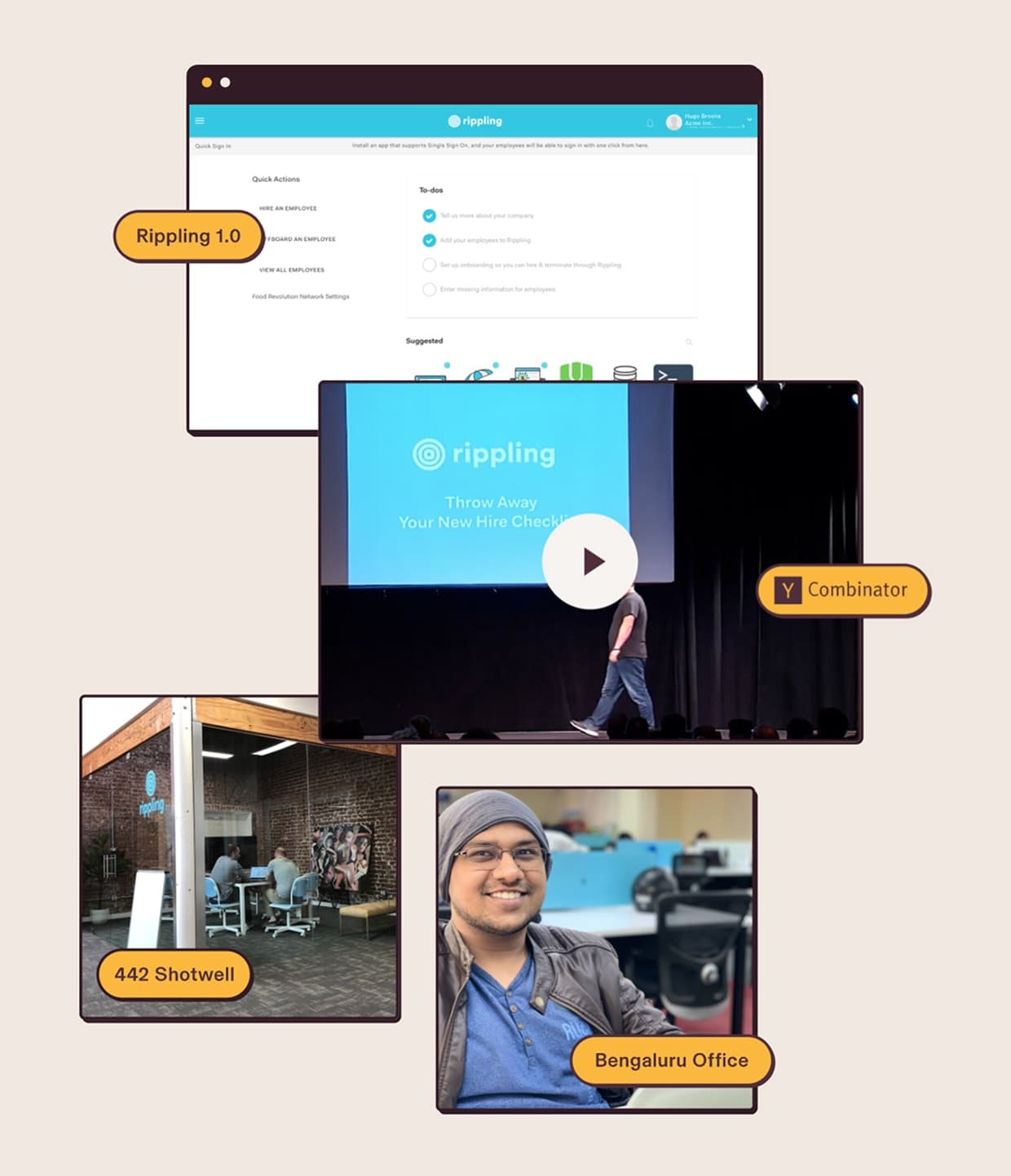 Collage of an early webpage, presentation video, building, and office selfie