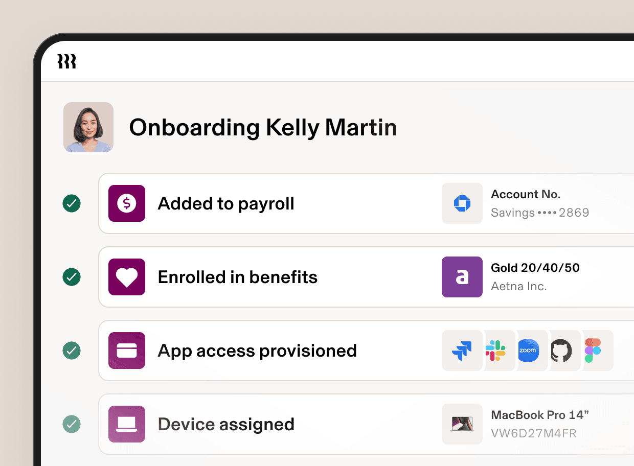 Illustration of the employee onboarding process with steps such as "Added to payroll," "Training assigned," "Enrolled in benefits," and "Device assigned"