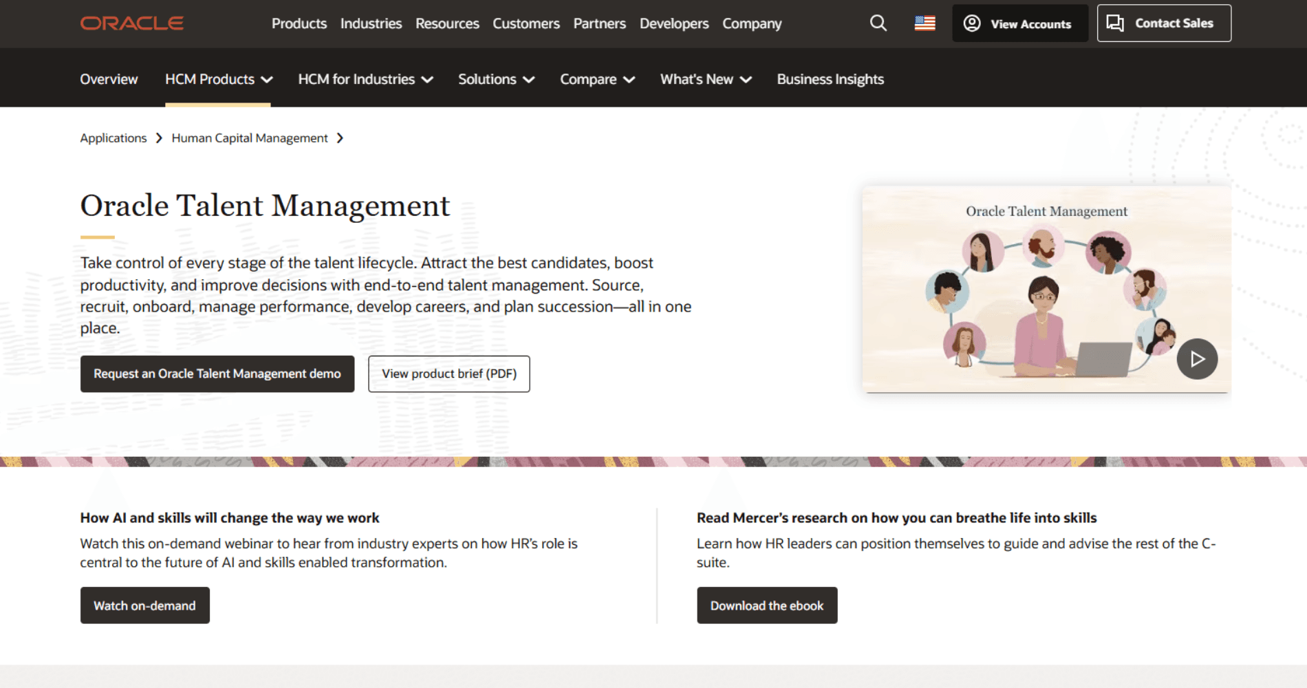 Oracle Talent Management webpage with product text and navigation.