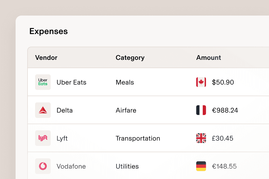 Expenses table listing vendors, categories, flags, and amounts.