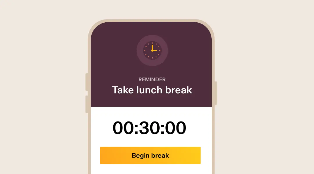 Phone reminder to take a lunch break with a 30-minute timer