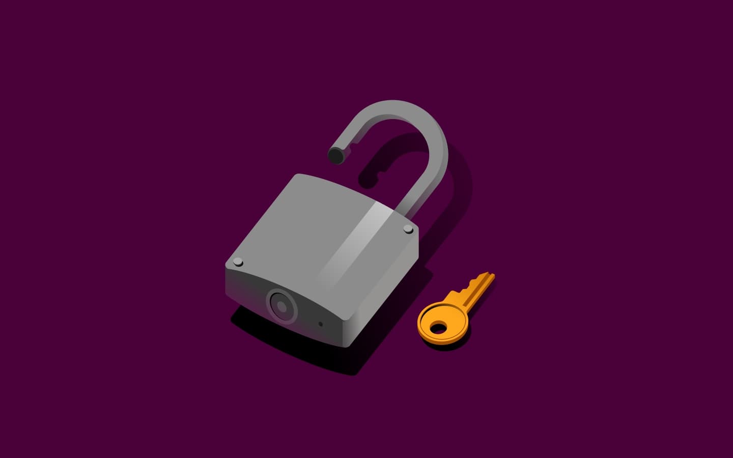 Gray open padlock and gold key on dark purple