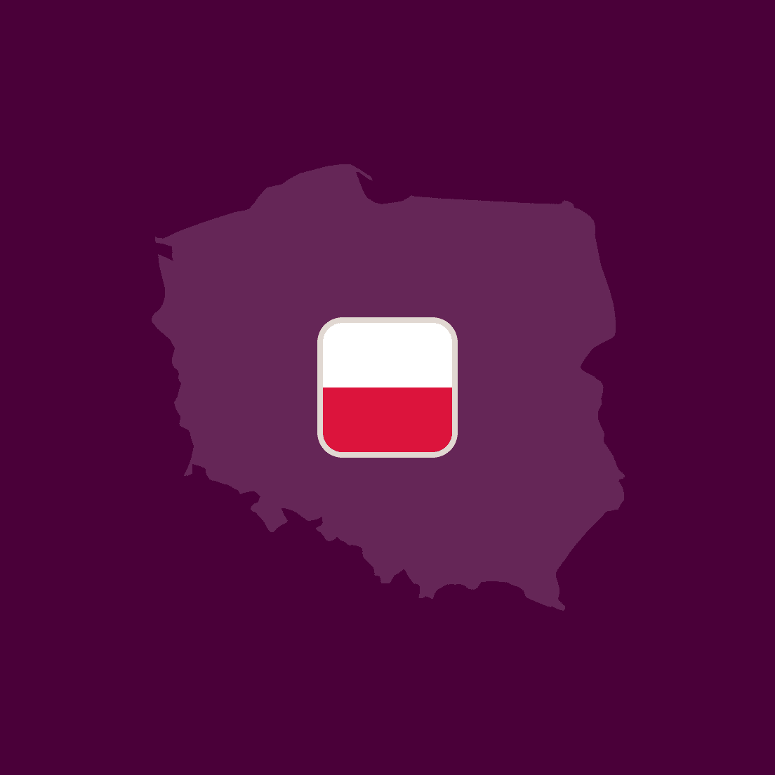 Silhouette map of Poland with its flag centered on a dark purple background.