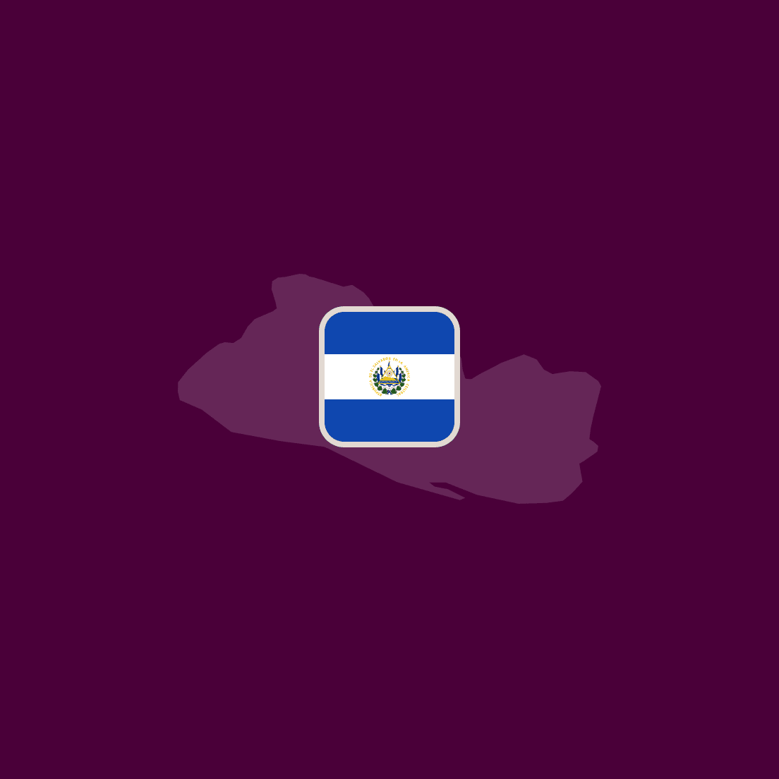 Silhouette map of El Salvador with its flag centered on a dark purple background.