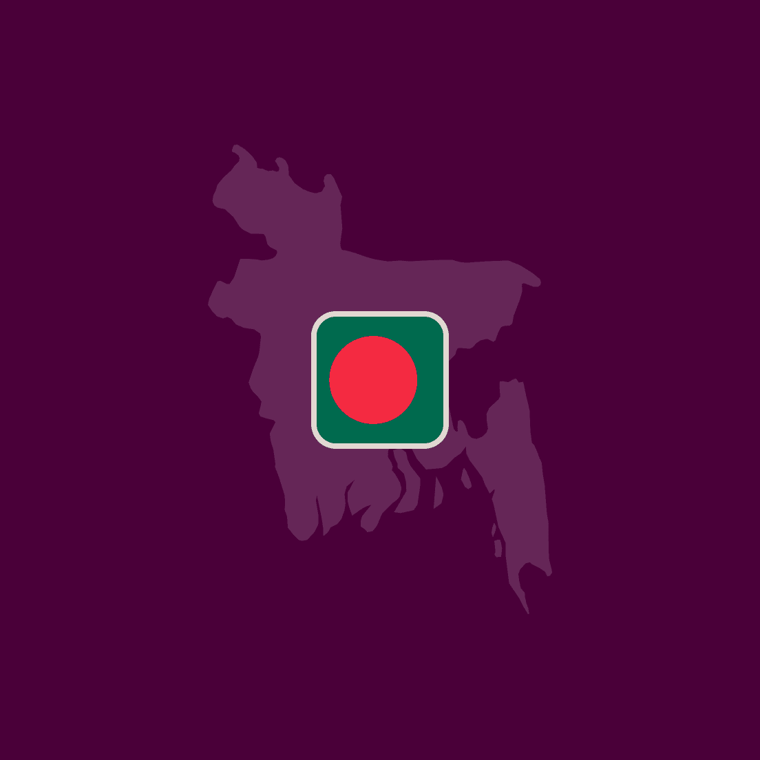 Silhouette map of Bangladesh with its flag centered on a dark purple background.