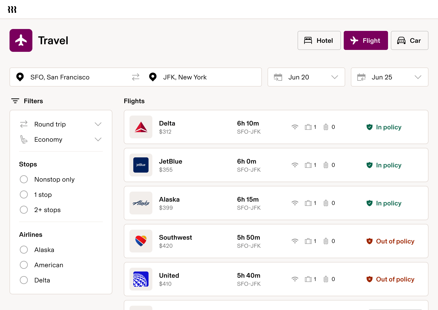 Screenshot of Rippling Travel showing a list of flights from San Francisco to New York that are marked as in policy or out of policy