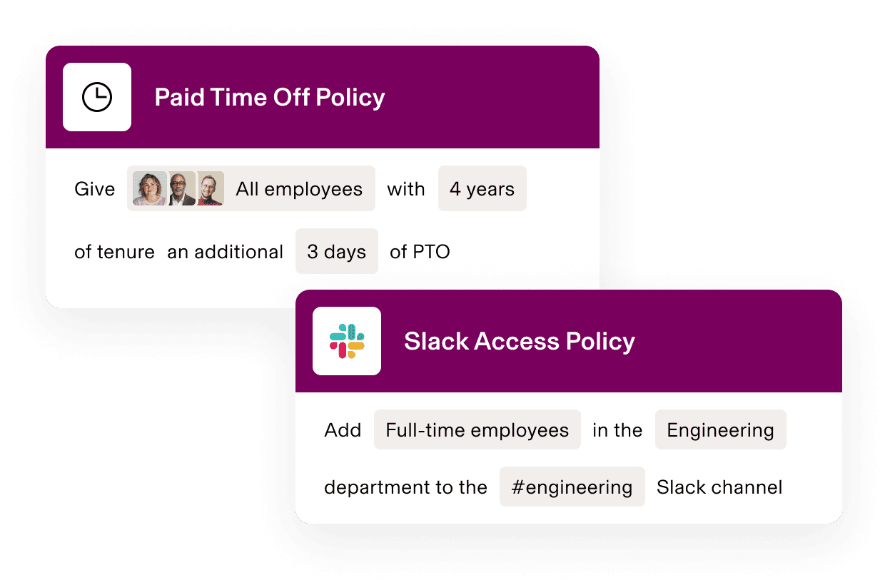 HR policy interface showing Paid Time Off policy for employees with 4 years tenure and Slack access policy for Engineering department.