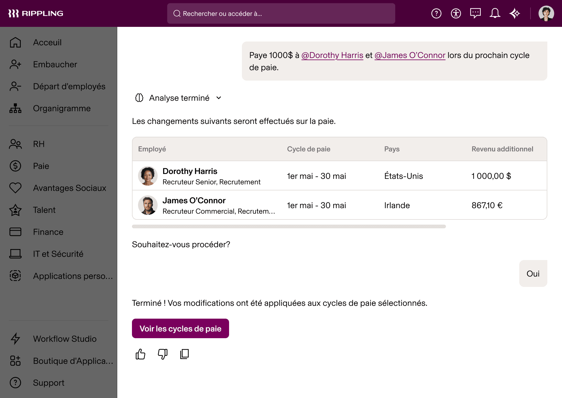 IA de Rippling montrant des changements de paie pour deux directeurs du recrutement, Dorothy Harris et James O’Connor, pour la période de paie de mai