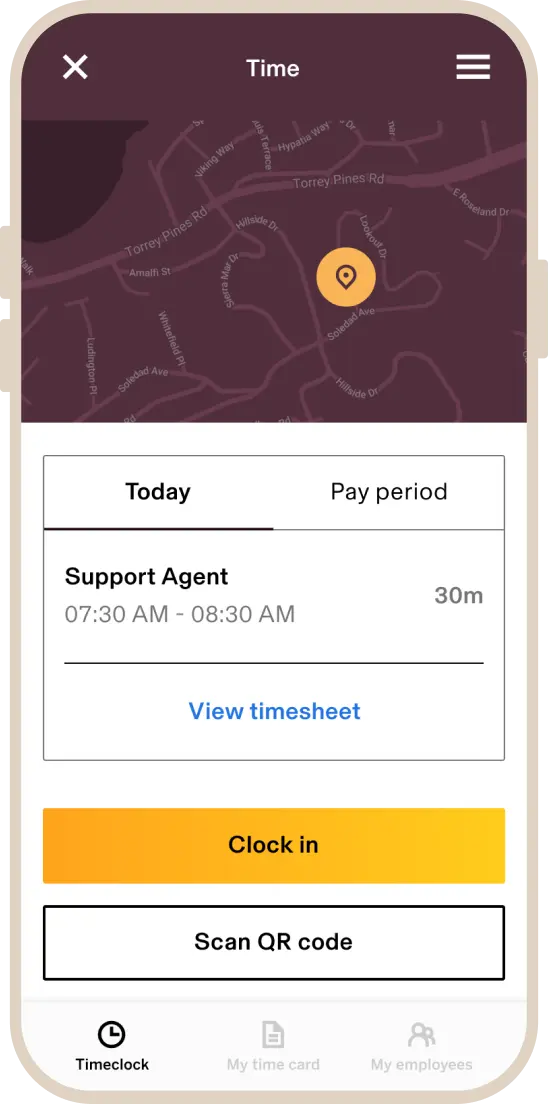 Phone timeclock screen with map, shift details, and clock-in controls