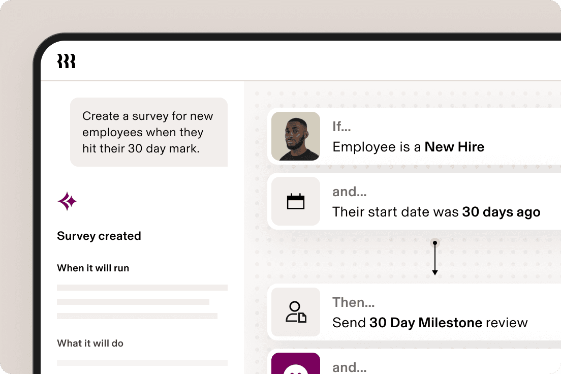 A UI showing an automated workflow that sends a 30-day milestone survey to new hire employees on their start date anniversary.