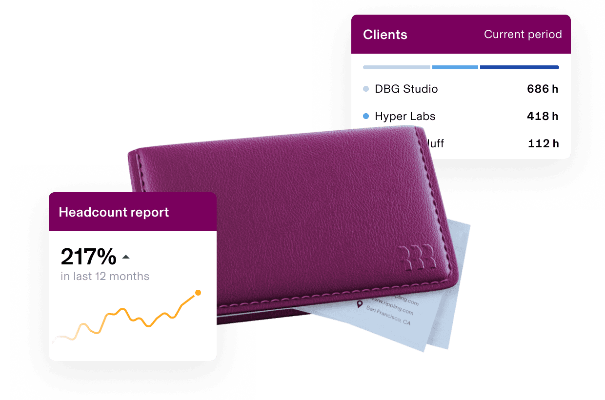 Purple wallet with headcount and client-hours report cards.