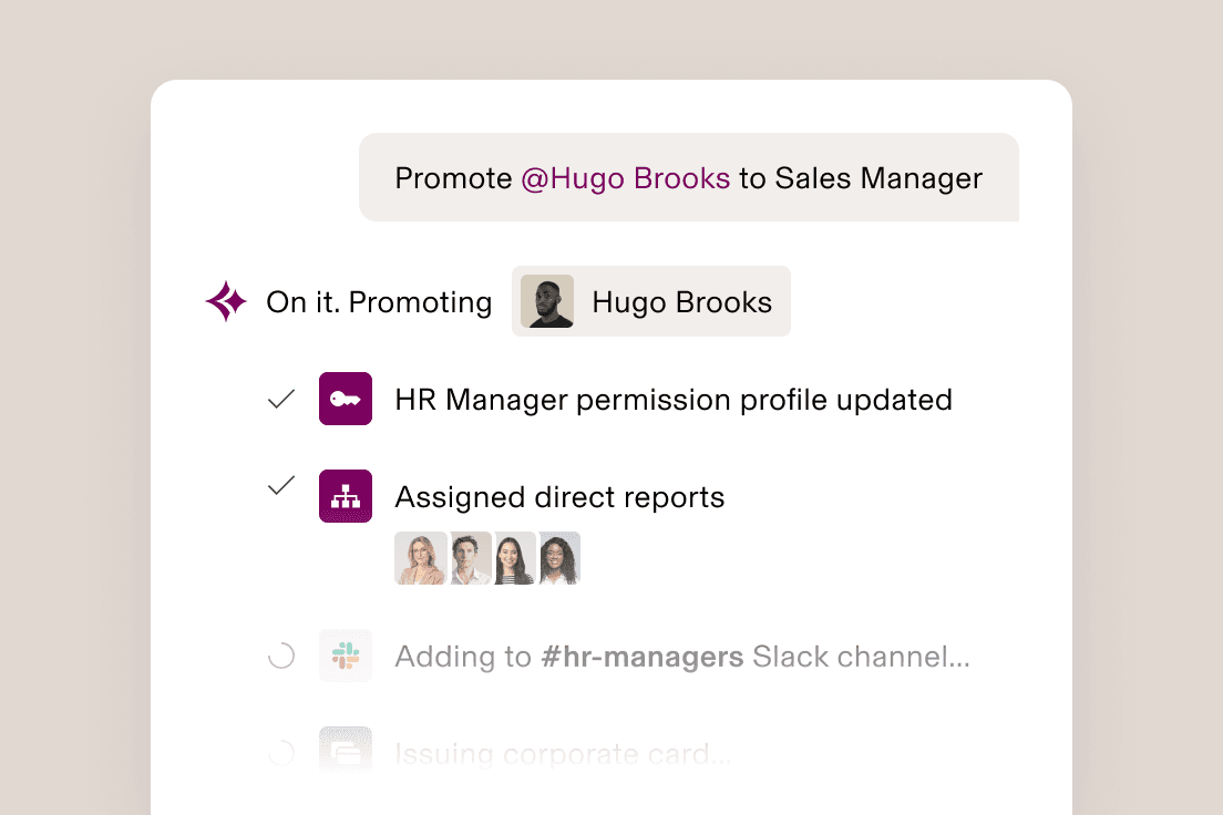 UI screen showing an AI promoting Hugo Brooks to Sales Manager, with completed tasks like updating permissions and assigning direct reports.