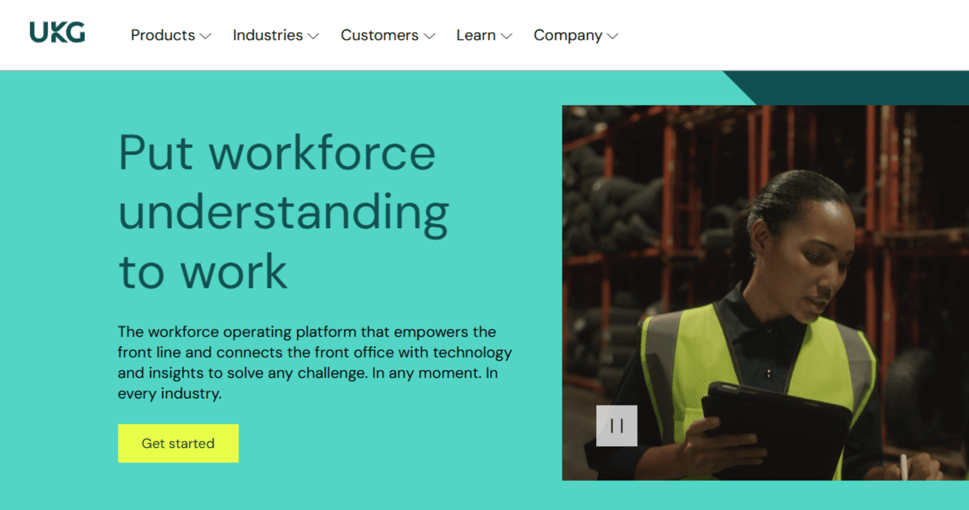 Teal workforce platform page with a warehouse worker and interface preview.