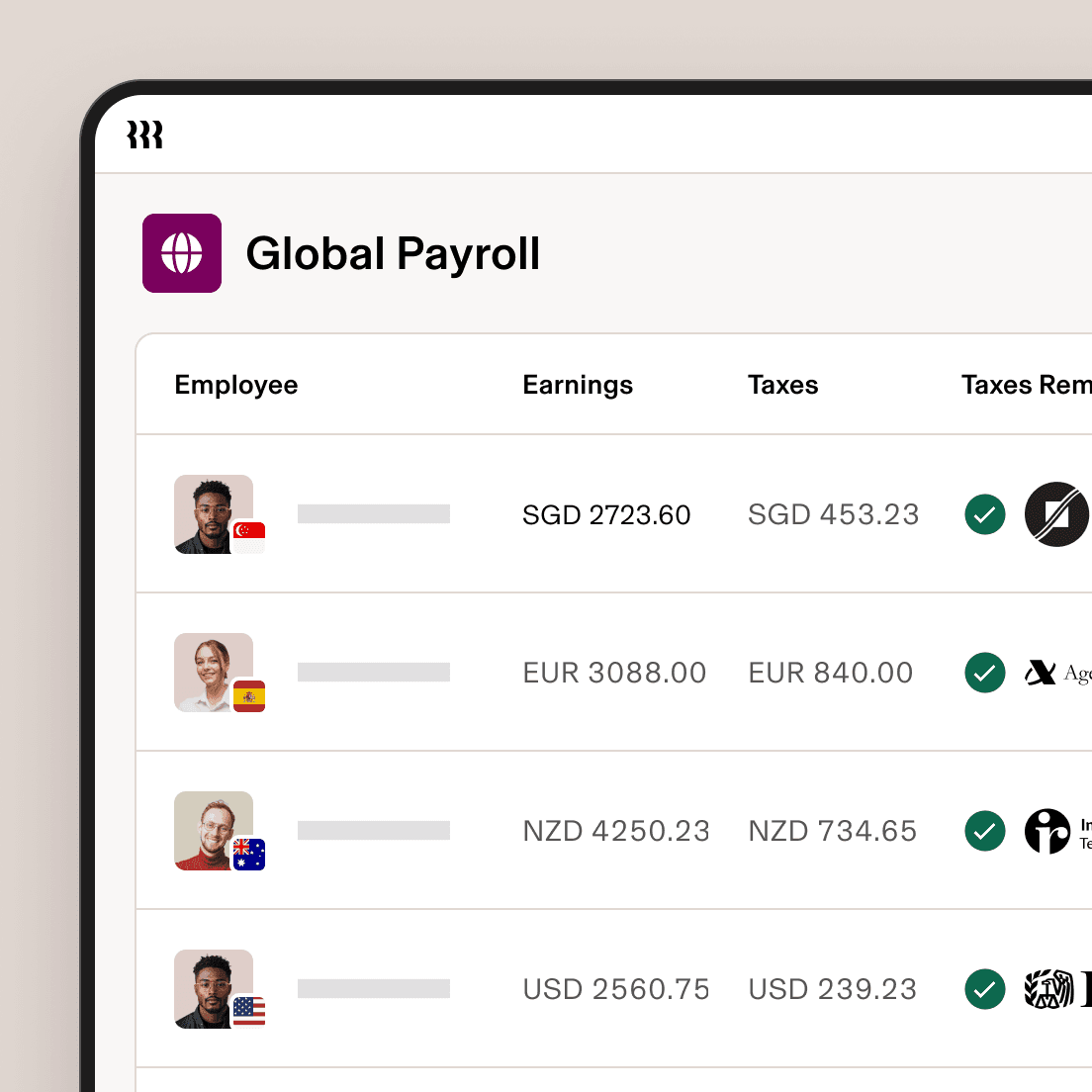 Global payroll dashboard showing employee earnings, taxes, and tax remittance status for Singapore, Spain, and Australia.