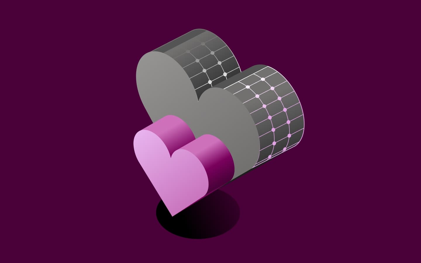 Two linked heart shapes with a gray grid pattern and pink front.
