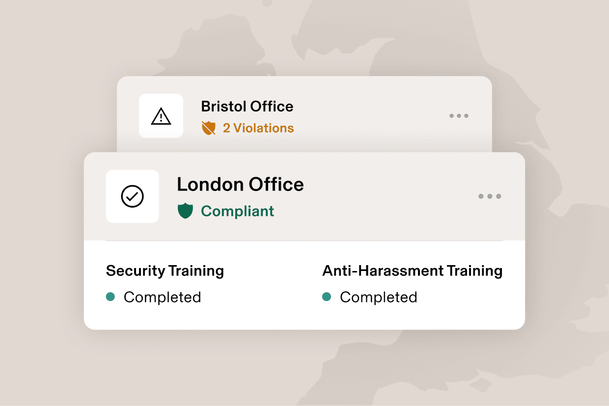 Graphic illustration of a card that says Orlando, FL with “2 violations” and a card that says Los Angeles, CA and “Compliant”, for training completed
