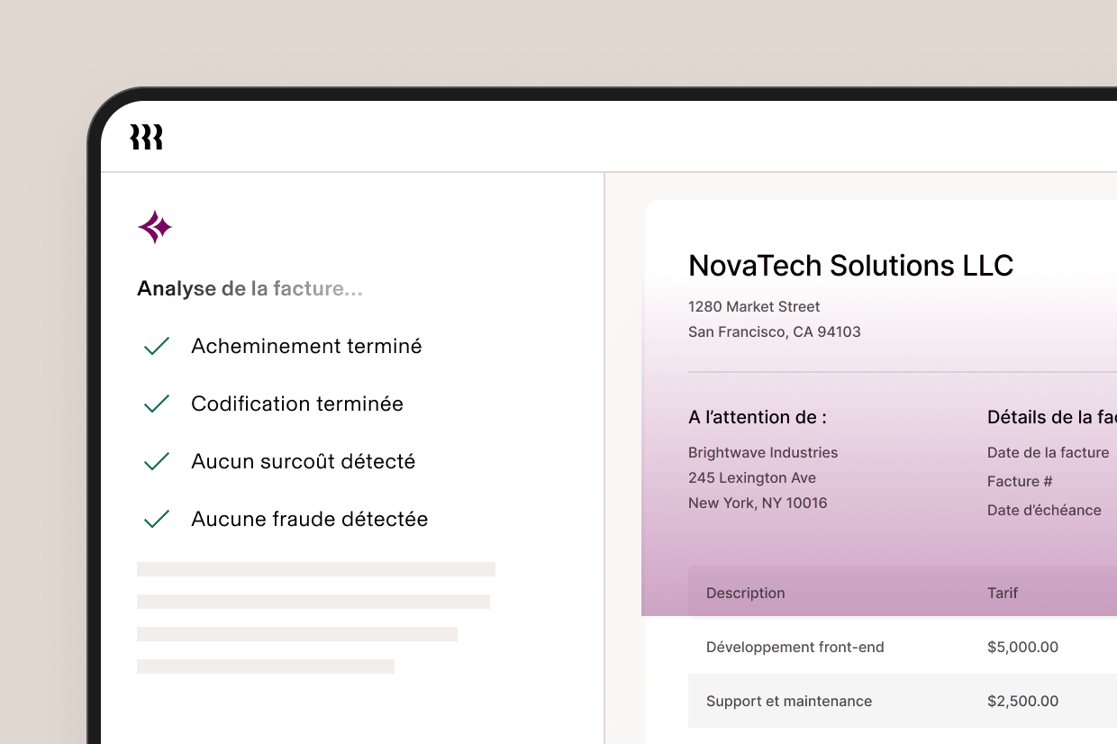 Screenshot of an invoice processing interface in Rippling showing automated checks completed—such as routing, coding, fraud detection, and overbilling review—alongside a sample invoice document