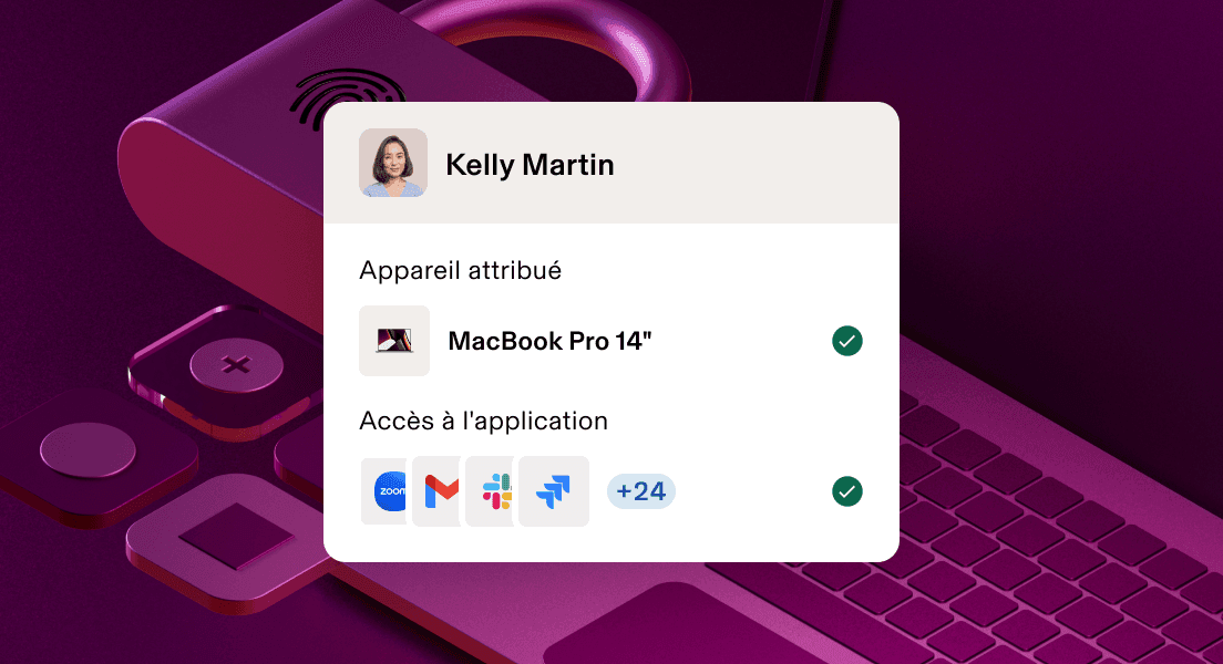 Profil utilisateur présentant l’attribution d’appareils Macbook Pro et l’accès aux applications Zoom, Gmail, Slack et Figma sur fond violet.