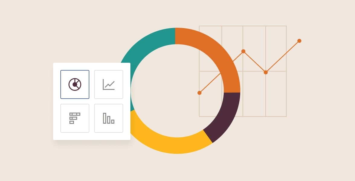 Multicolored donut and line charts with chart-type buttons.