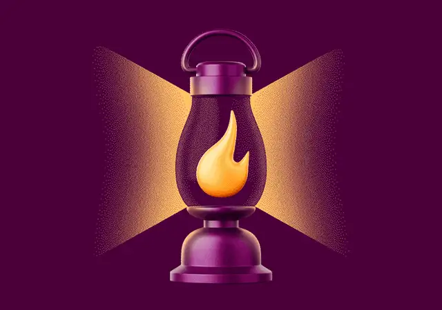Glowing lantern with a yellow flame against purple
