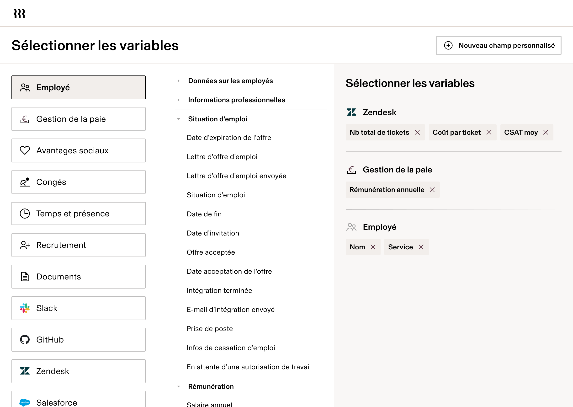 Interface du logiciel RH sur laquelle sont affichés plusieurs menus de sélection avec des catégories pour les collaborateurs, la gestion de la paie et Zendesk. Des champs sont également sélectionnés.
