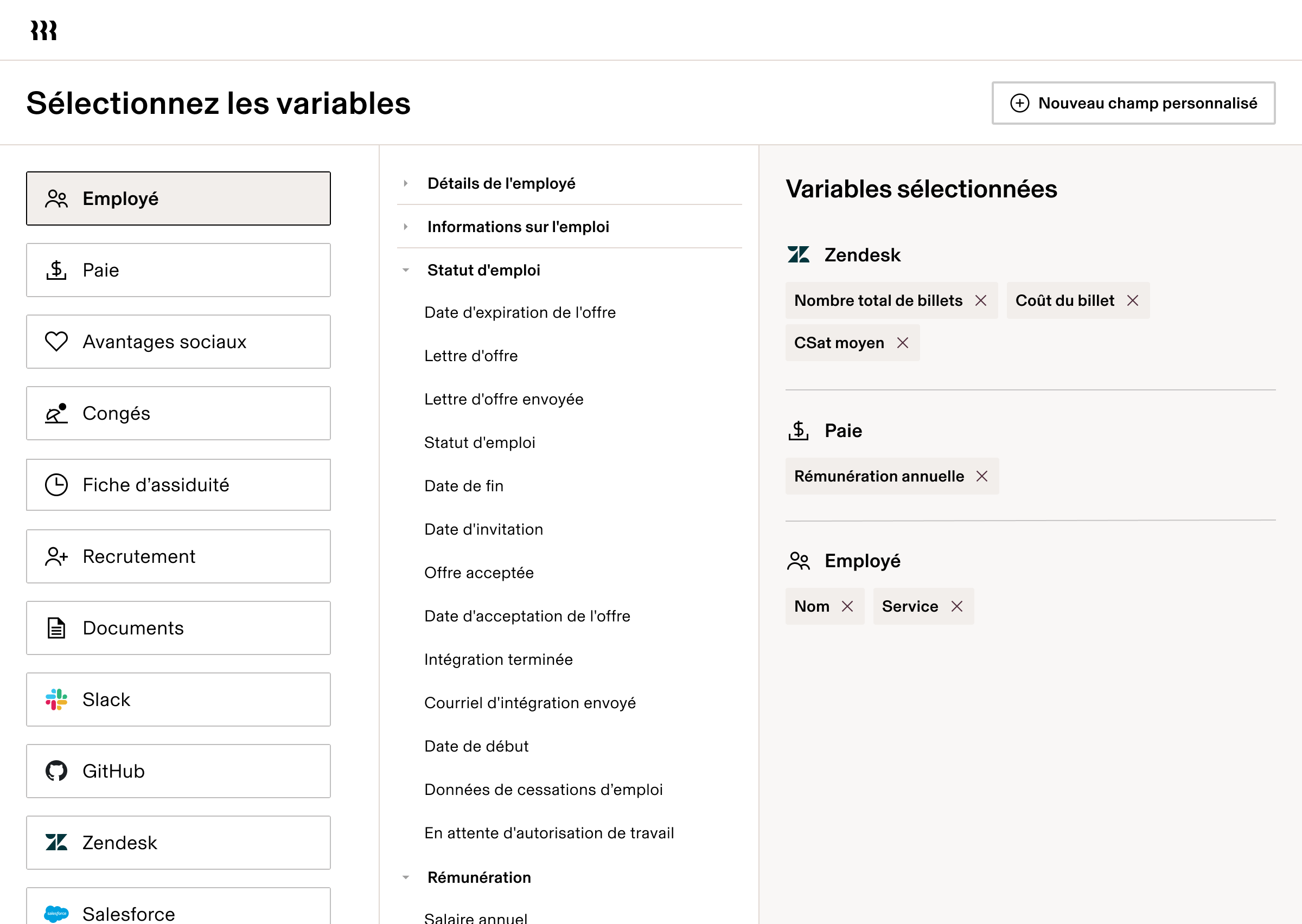 Interface du logiciel RH affichant le menu de sélection des variables avec les catégories Employés, Paie et Zendesk, ainsi que les champs sélectionnés.